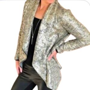 Stella & Dot 2X Gold Rebel Metallic Moto Jacket Cardigan Holiday Asymmetrical